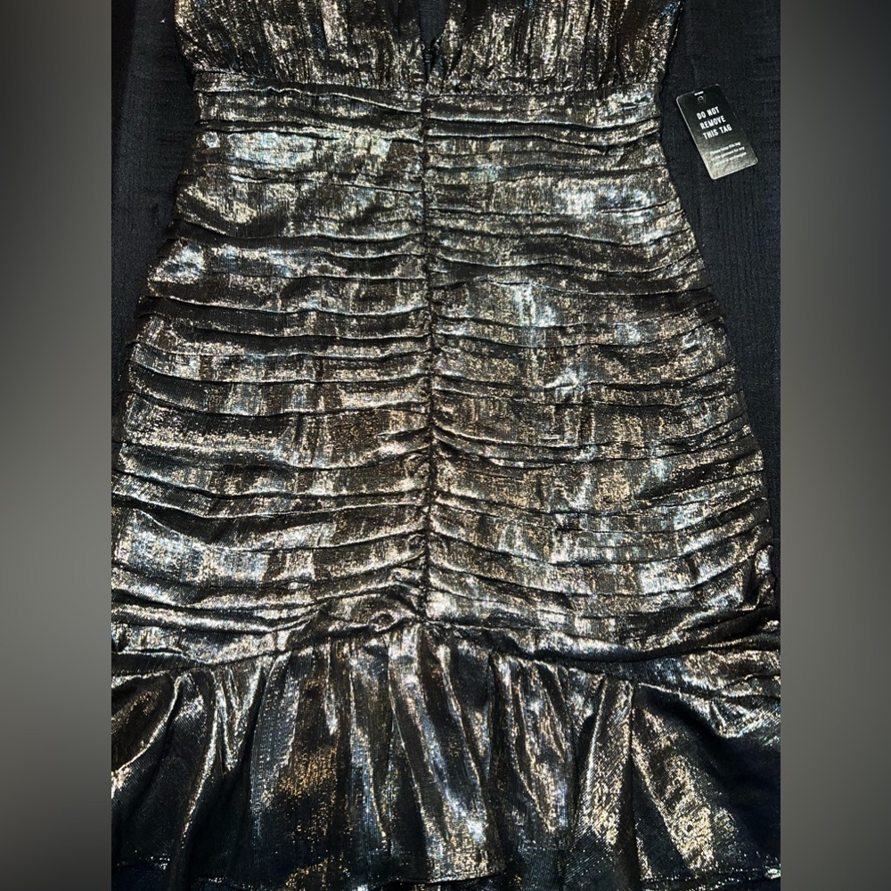 Metallic Silk V-Neck Ruched Ruffle Mini Dress - Picture 8 of 14